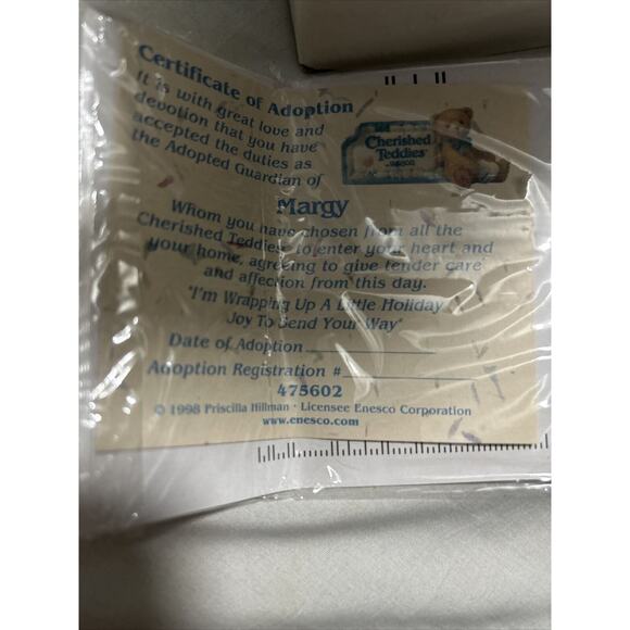 Cherished Teddies 475602 Margy Im Wrapping Holiday Joy Bear Figurine 1998 Enesco - Picture 2 of 7